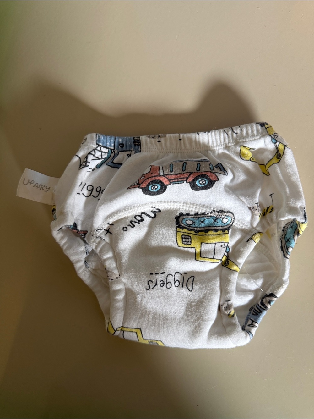 Up Airy White Kids Pull-On Training Pants with construction Vehicle Print